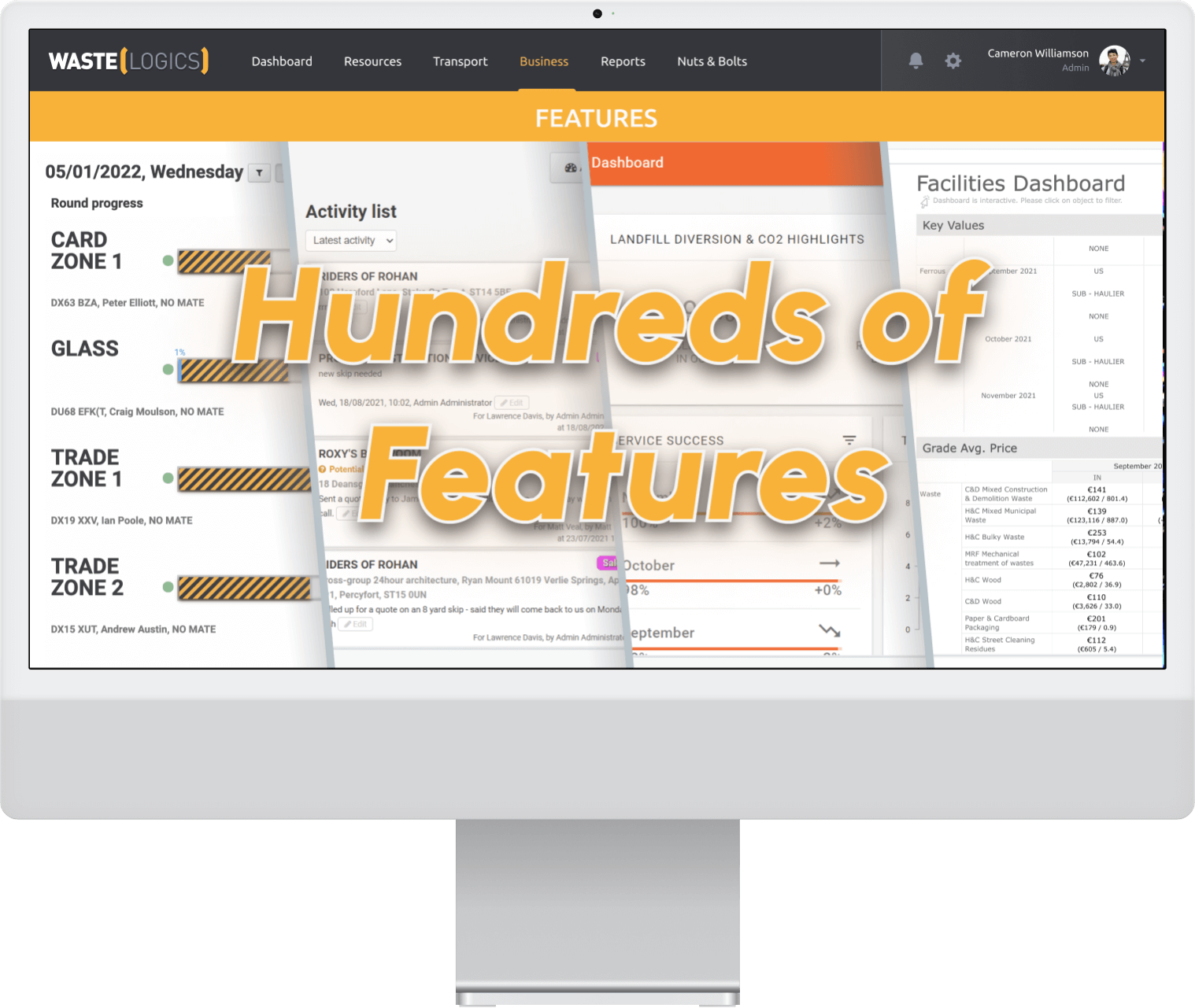 Hundreds of features on Waste Logics Software background on iMac