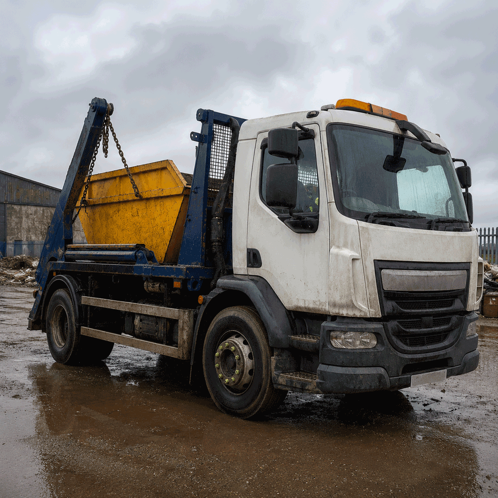 Skip hire truck with yellow skip
